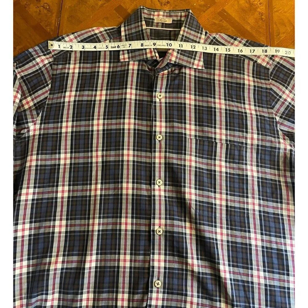 Peter Millar Long Sleeve Button Up Dress Shirt Blue Pink Plaid Sz Large L Cotton